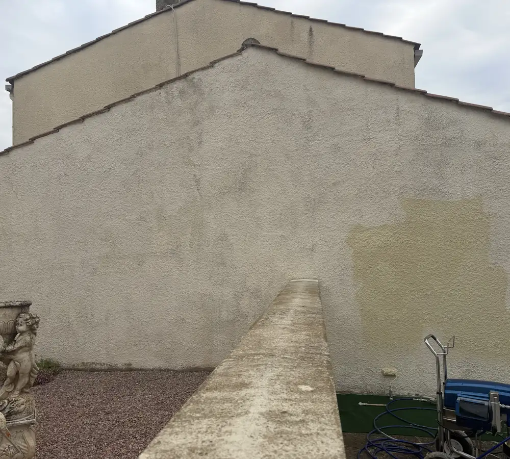 Avant : mur pignon à l'enduit taché avec un essai de teinte
